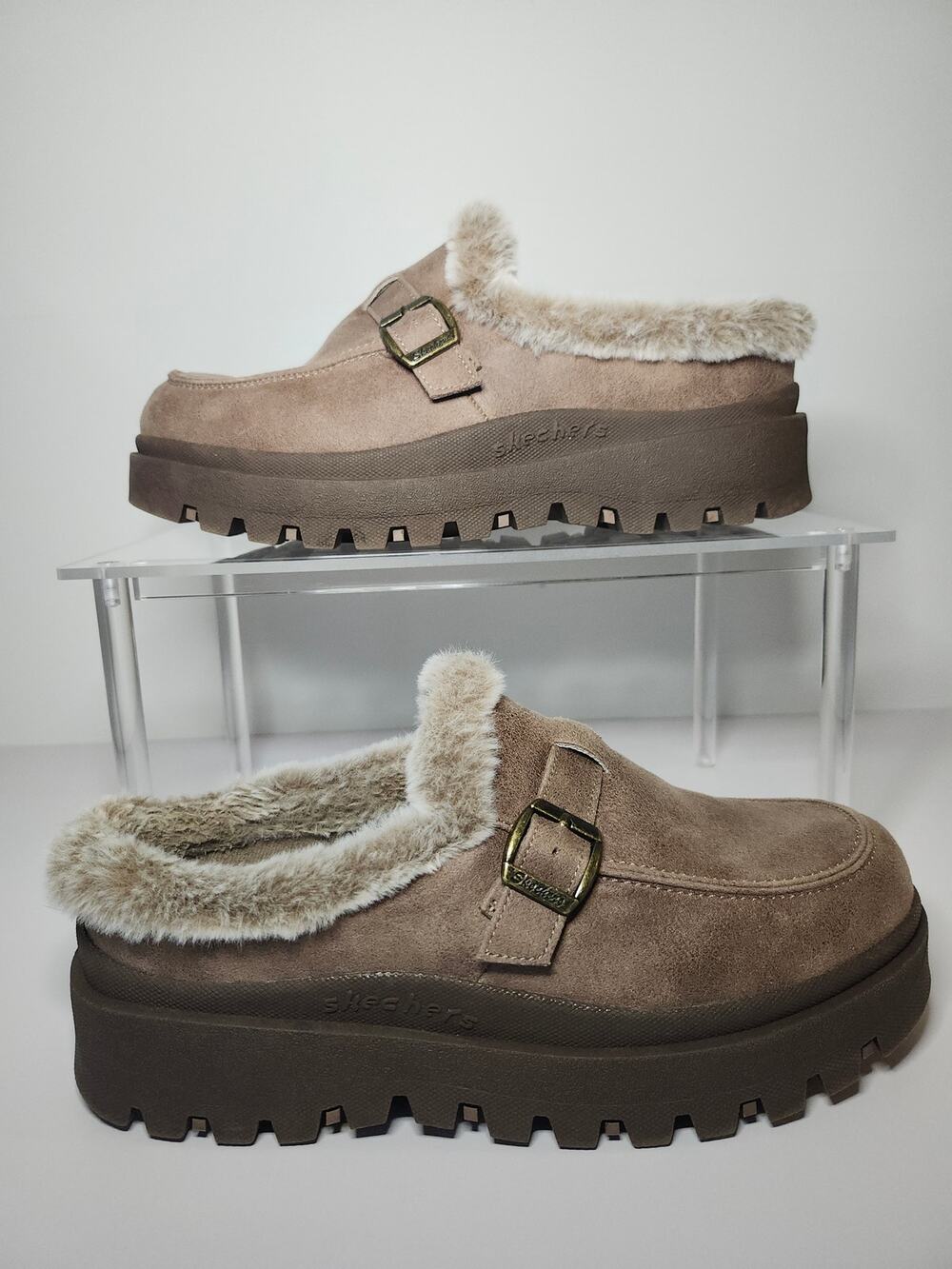 Skechers Shindigs Forever Retro Mules NWOT Women's Sz 8 Taupe Brown Faux Fur